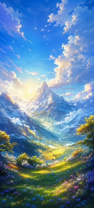 Sunlit Alpine Valley phone wallpaper