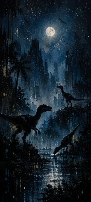 Velociraptors Pack at Night phone wallpaper