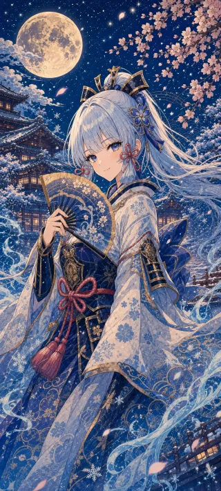Moonlit Kimono Maiden phone wallpaper