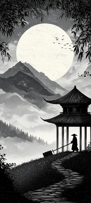 Pavilion Beneath the Full Moon phone wallpaper