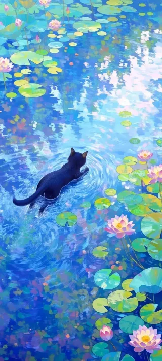 Monet Inspired Cat and Water Lilies phone wallpaper