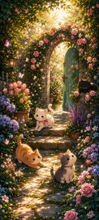 Kittens in the Rose Garden phone wallpaper