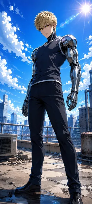Sunlit Cyborg Genos on Concrete phone wallpaper