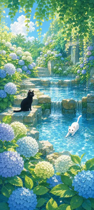 Cats Among Hydrangeas phone wallpaper