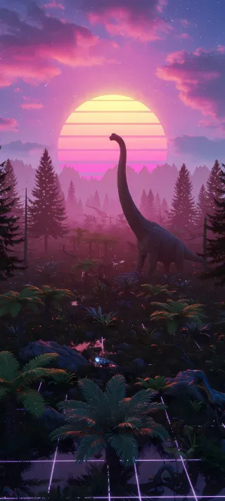 Prehistoric Synthwave Sunset phone wallpaper