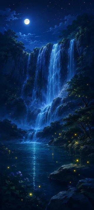 The Moonlit Cascade of Whispering Stars phone wallpaper