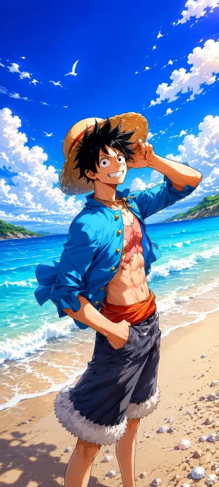Luffy at Summer Shore phone wallpaper