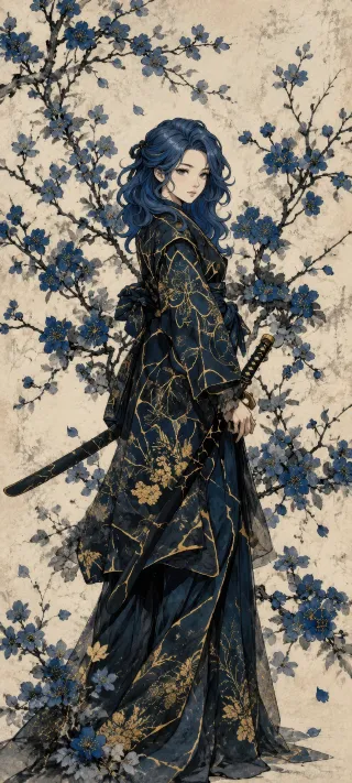 Blue Blossom Samurai phone wallpaper