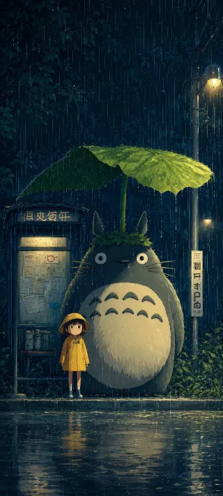 Totoro at the Rainy Stop phone wallpaper