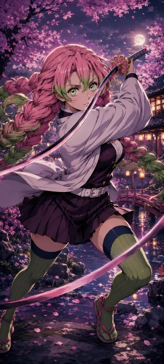 Mitsuri Kanroji's Moonlit Blade phone wallpaper