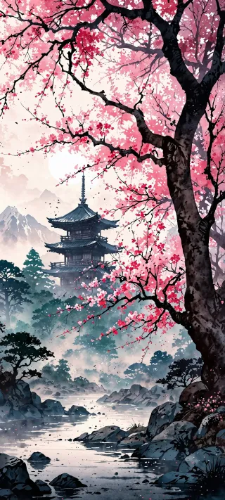 Pagoda Among Sakura phone wallpaper