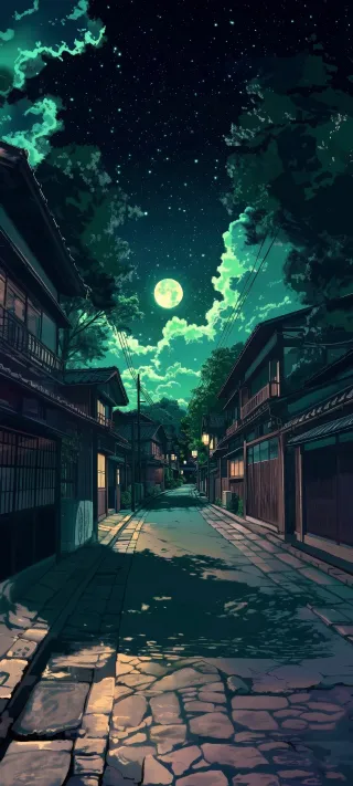 Emerald Night Sky Over Rural Japan phone wallpaper