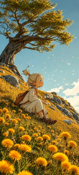 Girl Resting on a Dandelion Hill phone wallpaper