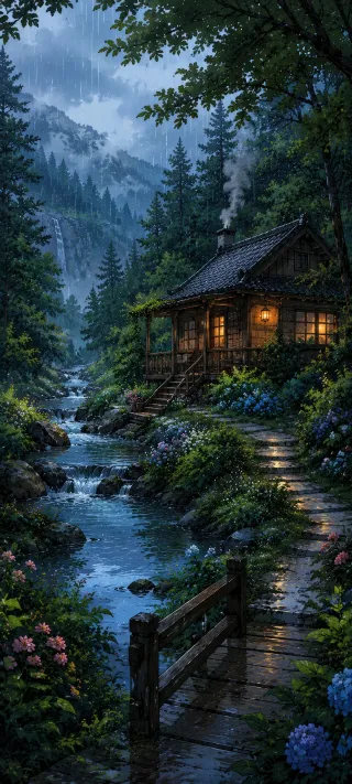 Lanterns on the Forest Stream phone wallpaper