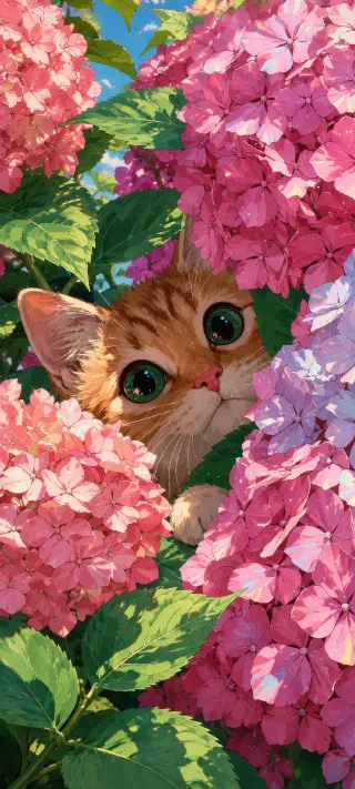 Kitten Among Hydrangeas phone wallpaper
