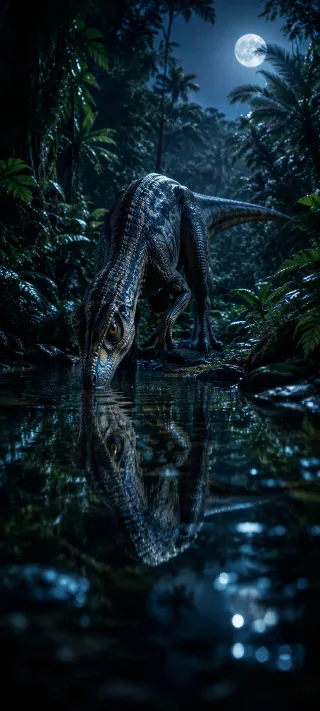 Moonlit Raptor Reflection in Jungle Oasis phone wallpaper