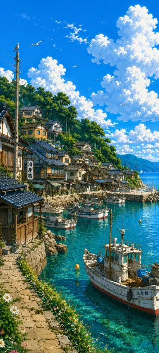 Japanese Harbor Village phone wallpaper