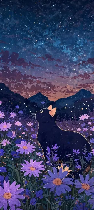 Stargazing Cat in Violet Flowers phone wallpaper