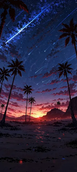 Meteor Shower Over Tropical Twilight phone wallpaper