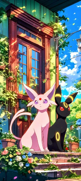 Espeon and Umbreon at the Window phone wallpaper