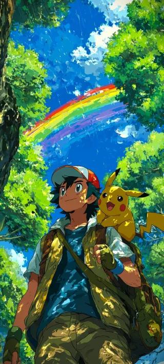 Ash and Pikachu's Forest Walk phone wallpaper