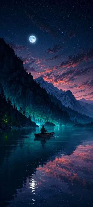Lone Fisherman Under Moonlight phone wallpaper