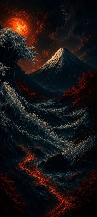 Dark Ukiyo-e Fantasy Landscape phone wallpaper