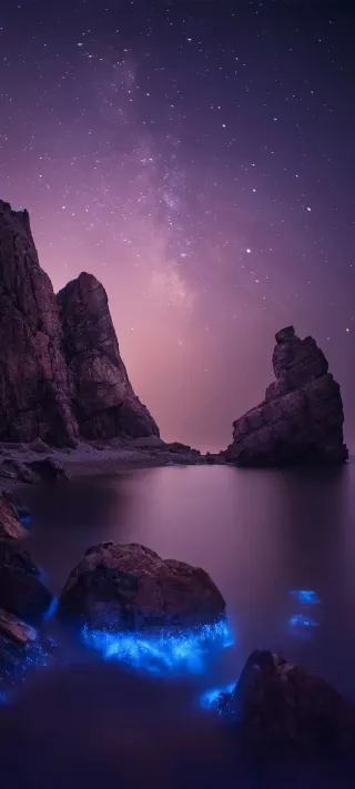 Glowing Night Ocean Shoreline phone wallpaper